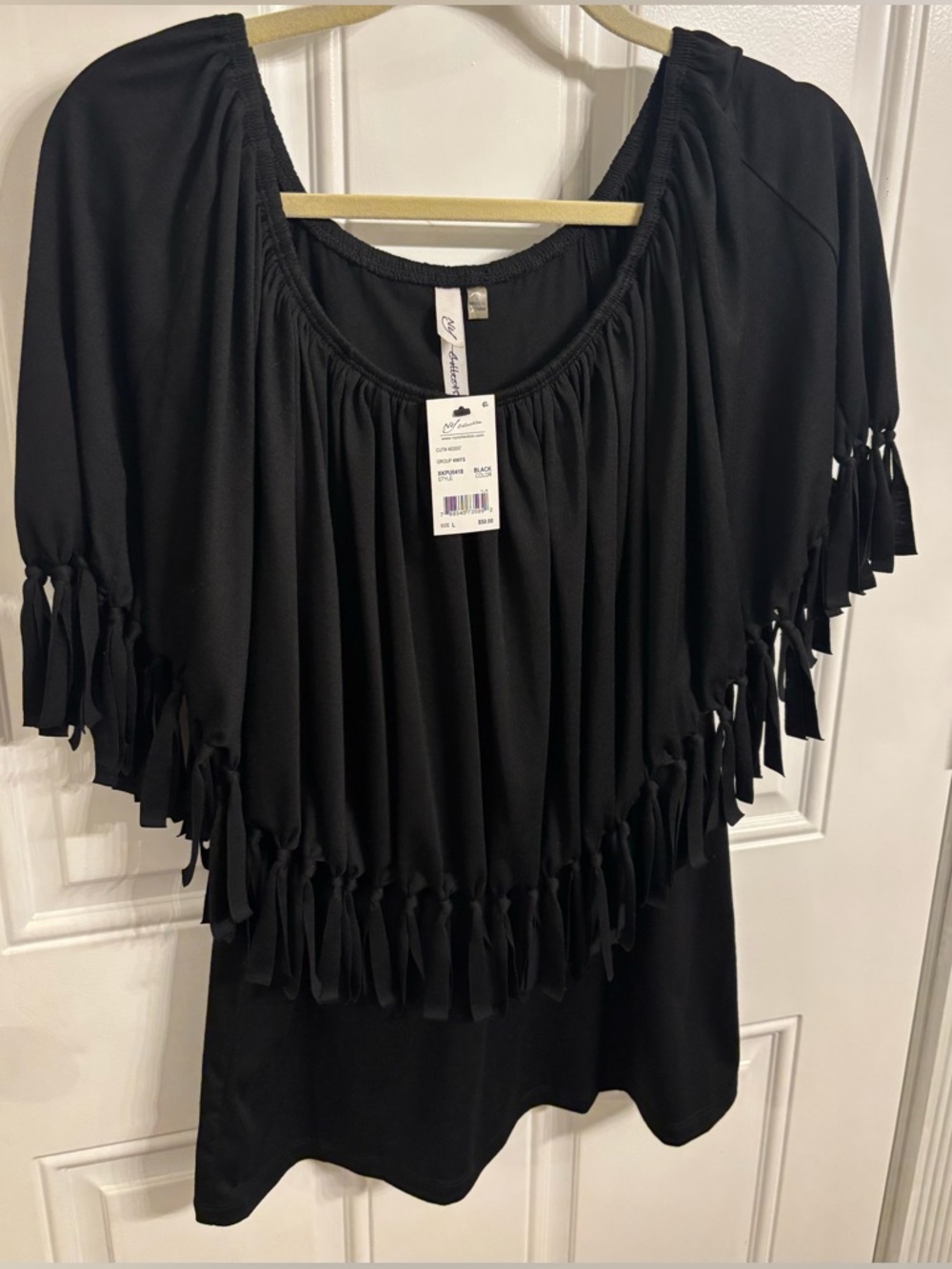 NY Collection Black Fringe Scoop Neck Top